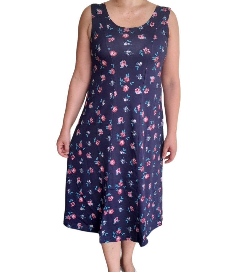 Αμάνικο Μπλε pink-floral φόρεμα σε ίσια γραμμή Α #23-1-285