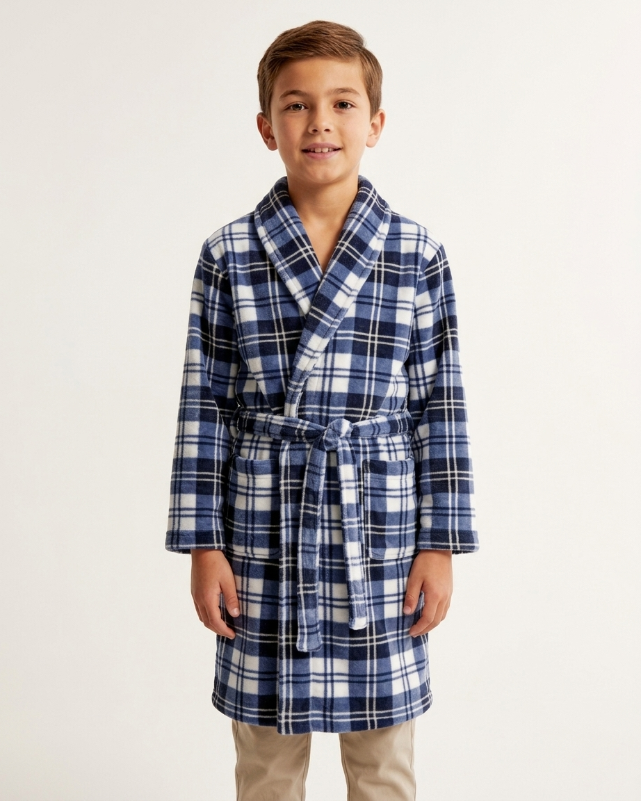 Polar fleece Ρόμπα αγοριών σε καρό, δετή στη μέση #0572