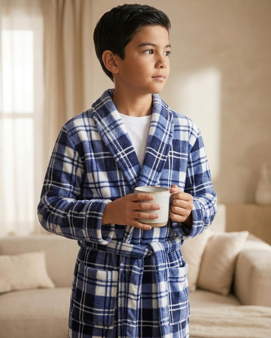 Polar fleece Ρόμπα αγοριών σε καρό, δετή στη μέση #0572
