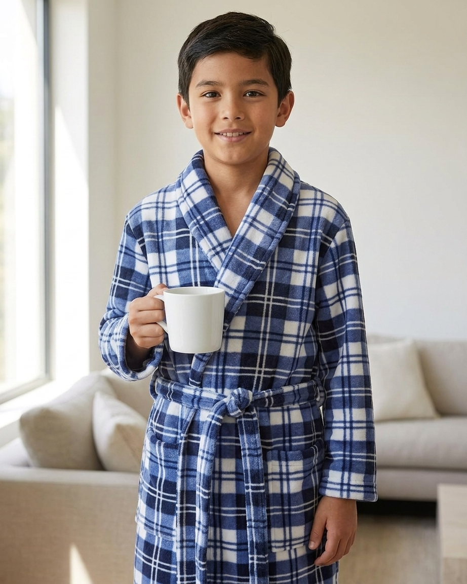 Polar fleece Ρόμπα αγοριών σε καρό, δετή στη μέση #0572