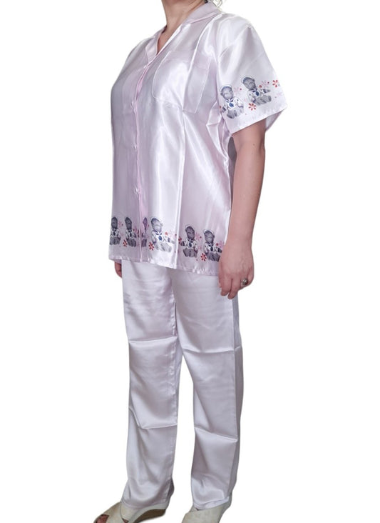 Πιτζάμα Σατέν γυναικεία, κοντό μανίκι & μακρύ παντελόνι με σχέδιο αρκουδάκι #0938