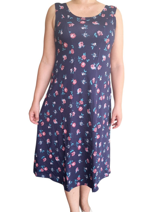 Αμάνικο Μπλε pink-floral φόρεμα σε ίσια γραμμή Α #23-1-285