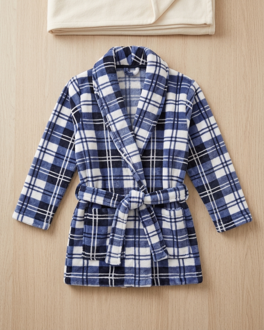 Polar fleece Ρόμπα αγοριών σε καρό, δετή στη μέση #0572