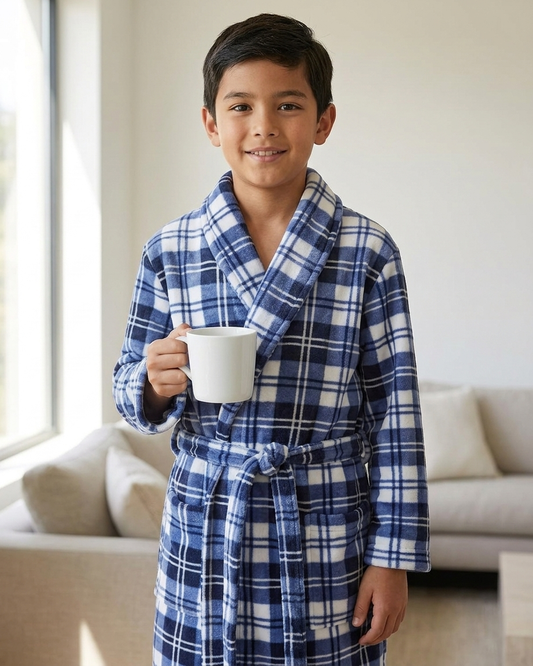 Polar fleece Ρόμπα αγοριών σε καρό, δετή στη μέση #0572