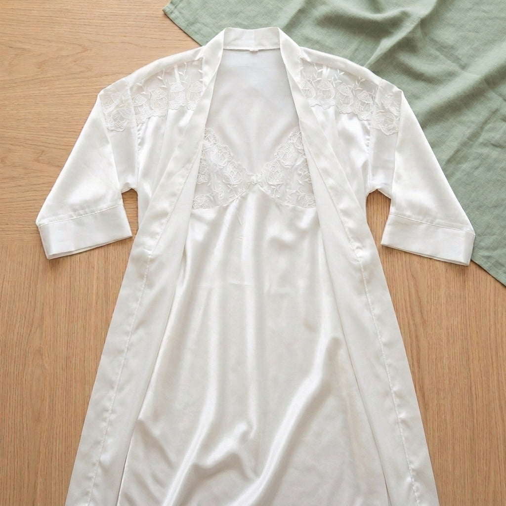 White lace robe and satin nightgown set #591