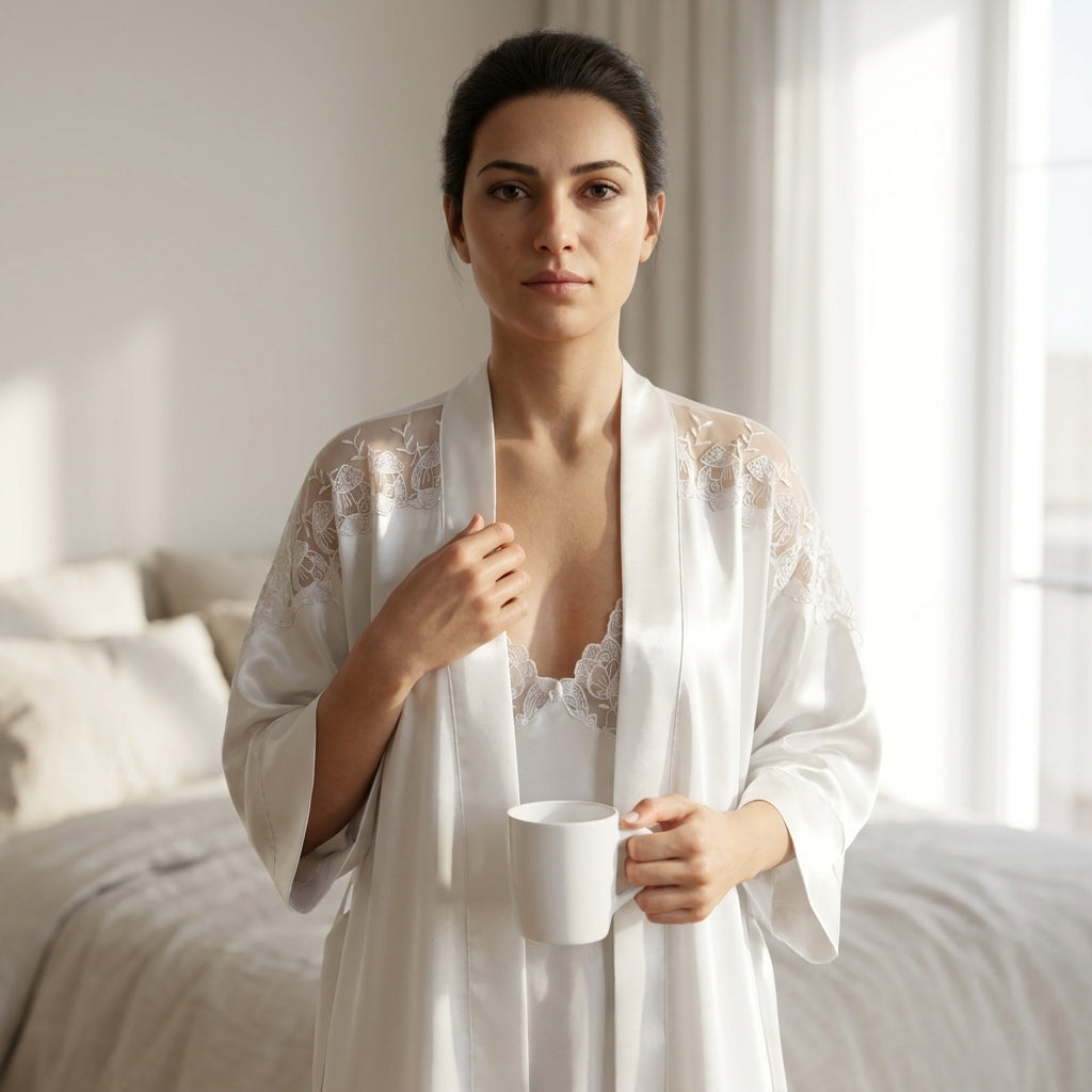 White lace robe and satin nightgown set #591
