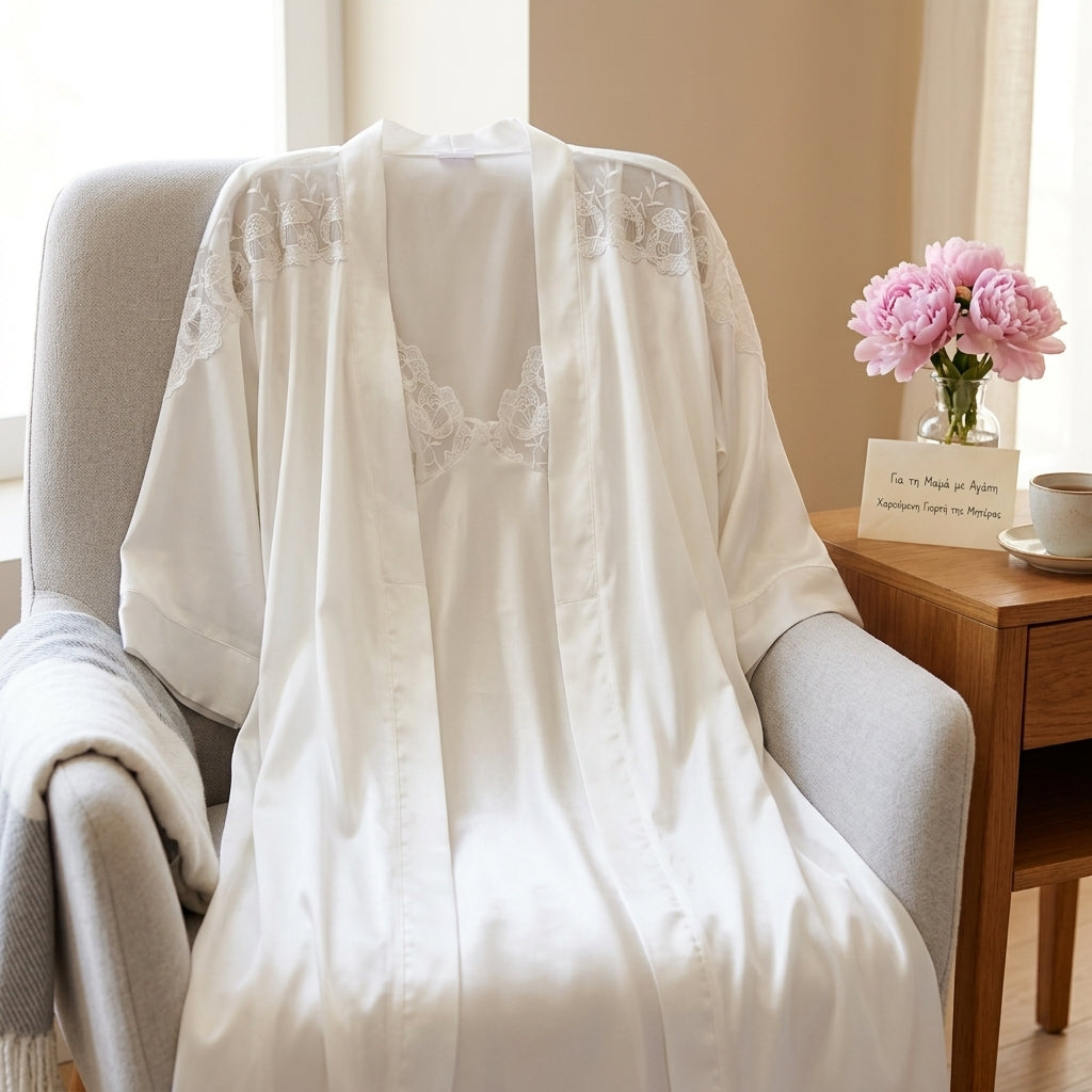 White lace robe and satin nightgown set #591